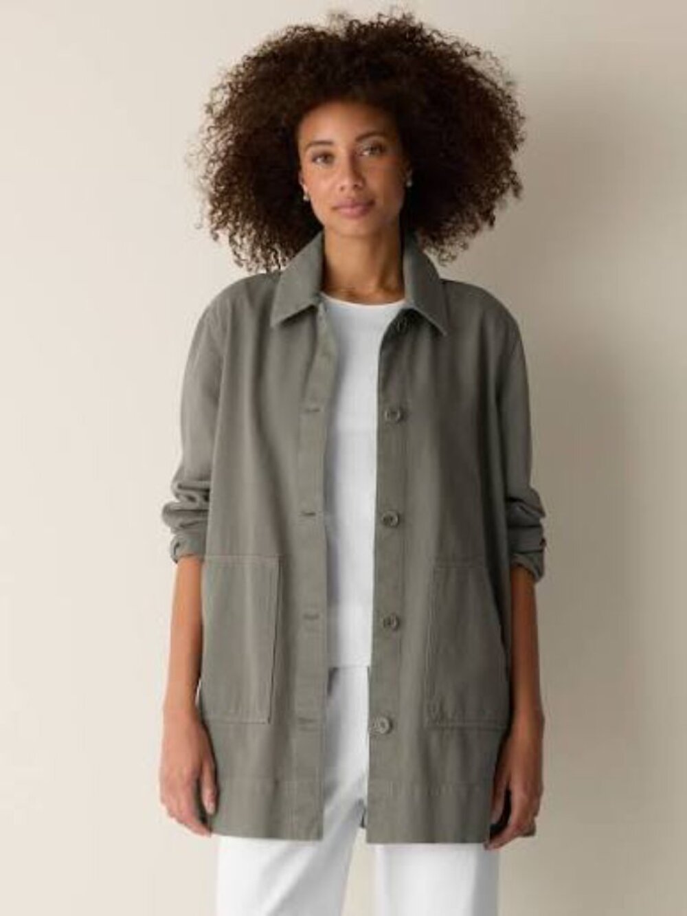 EILEEN FISHER Garment-Dyed Utility Cotton Classic Collar Long Jacket, Bayleaf, S